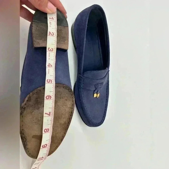 Louis Vuitton Blue Suede Shoes Leather Loafers Sz 37.5 US Womens Logo - Picture 13 of 15